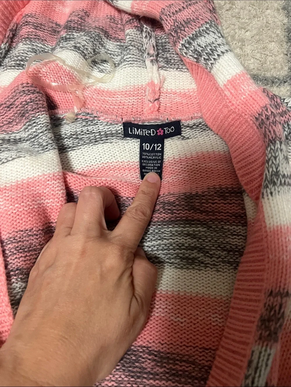 Limited Too Hooded Open-Front Striped Cardigan - Pink Gray White girls
